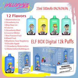 Originele Elf BOX Digital 12000 Bladerdeeg E-sigaretten 23ml Mesh Coil 0% 2% 3% 5% Niveau 500mAh Oplaadbaar Bettery 12 Smaken Wegwerp Vape Pen Rookwolken 12k