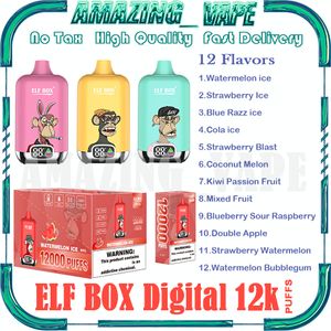 Original ELF BOX Digital 12000 Puff Jetable E Cigarettes 0.8ohm Mesh Coil 23ml Pod Batterie Rechargeable Électronique Cigs Puff 12K 0% 2% 3% 5% Vape Bar Kit