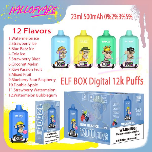 Original Elf BOX Digital 12000 Puff E Cigarettes 23 ml Bobine de maille 0% 2% 3% 5% Niveau 500mAh Batterie rechargeable 12 saveurs jetables Vape Pen Puffs 12k