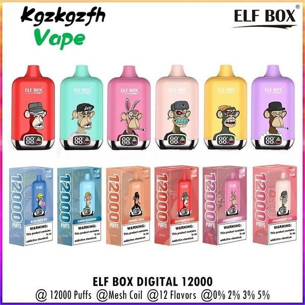 Box ELF original Digital 12000 Puffs Buff 12k Vapor de vapor desechable Vaporizadores recargables de 25 ml de vapor de vaina pre-llenado 12 sabores de 500 mAh Batería Vape