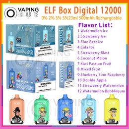 Original ELF BOX Digital 12k Puff E Cigarette Mesh Coil 23 ml Pod Puffs préremplis 12000 500mAh Batterie 12 Saveurs 0% 2% 3% 5% Kit de stylo vape jetable