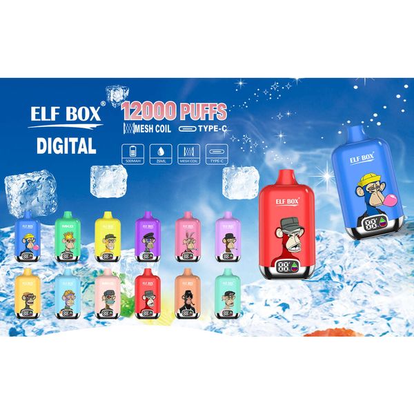 Box ELF original Box Digital 12000 Bubble Desechable E-Cigorette 12k 850mAh Tipo C CARGA 20 ml con batería y pantalla E-Juice 12 sabores 0% 2% 5% E-cigarry