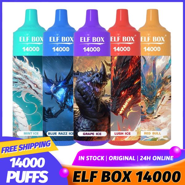 Original ELF BOX Dragon Edition Vapes Jetable Puff 14000 Puffs Tornado E Cigarette Prérempli Chariots Chariots Mesh Coil Vape Pen Puff 14K Vapers Vs poco razz bang king box