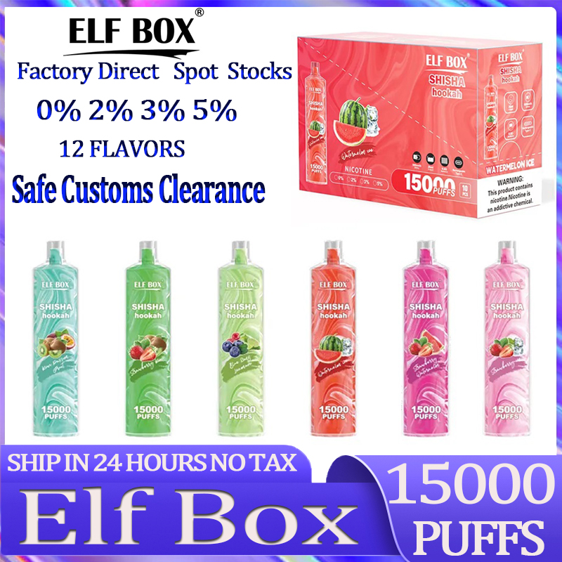 Orijinal Elf Box Shisha 15000 Puflar Tek Kullanımlık E-sigara 12 Flavor 600 MAH Şarj Edilebilir Pil 25ml Önceden Doldurulmuş Pod Büyük Buhar Kiti Hava Akışı Kontrol Vs JNR 15000