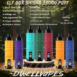 Boîte elfe d'origine Shisha 16000 Puffle jetable 16K Puffes E Cigarettes 600mAh Batterie rechargeable 28 ml POD 0% 2% 3% 5% Niveau 12 Vapes de saveurs