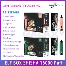 Boîte elfe d'origine Shisha 16000 Puffle jetable E cigarettes 28 ml Pod 12 saveurs 0% 2% 3% 5% Niveau 600 mAh Batteaux Puffes 16K Vape Pen Kit