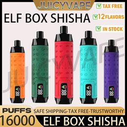 Boîte elfe d'origine Shisha 16000 Puffs Disposable Pen Puff 16K Vape 0% 2% 3% 5% Niveau 28 ml CARTRILLES PRÉFULTES POD 600MAH BATTERIE RECHARGERABLE ELFBOX LED 9K 12K 18K 20K