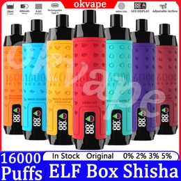 Boîte elfe d'origine Shisha 16000 Puffs Disposable Vape E-cigarettes Puff 16K Affichage LED 28 ml POD 600mAH RECHARGÉable 0% 2% 3% 5% PEND