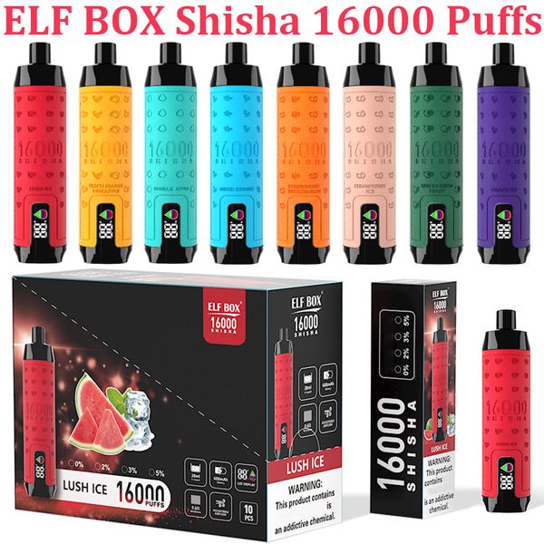 Boîte elfe d'origine Shisha 16000 Puffs Affichage LED Disposable Vape E-cigarettes Puff 16K 28ML POD 600MAH RECHARGÉable 0% 2% 3% 5% Pen