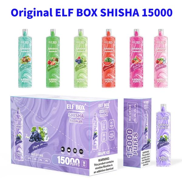 Original ELF BOX SHISHA Hookah 15000 15k Puff 15000 15K jetables Vapes Pen Cigarettes électroniques 26ml 600mAh Pod Mesh Coil 0% 2% 3% 5% LS15000 VS bang 12000 13000