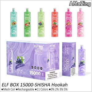 Original Elf Box Shisha Hookah 15000 Puffs Desechable Vape Bar Kit Puff 15k Bobina de malla recargable E Cigarrillos 0% 2% 3% 5% 11 Sabores Nuevo diseño Vaper