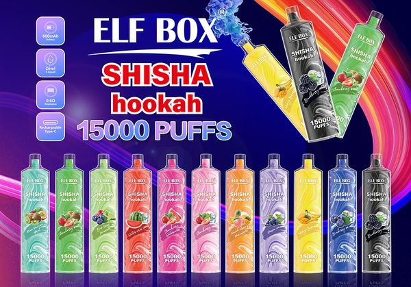 Original ELF BOX Shisha Hookah 15000 Puffs Vape jetable E Cigarettes Puff 15k 0% 2% 3% 5% 26ml Pod 0.6ohm Mesh Coil 600mah Stylo rechargeable