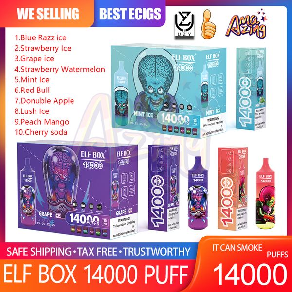 Original ELF BOX14000 Puff jetable Vape stylo 0.8ohm bobine de maille 25 ml pré-rempli Pod 650 mah batterie rechargeable E cigarette bouffées 14K 0% 2% 3% 5% 10 saveurs