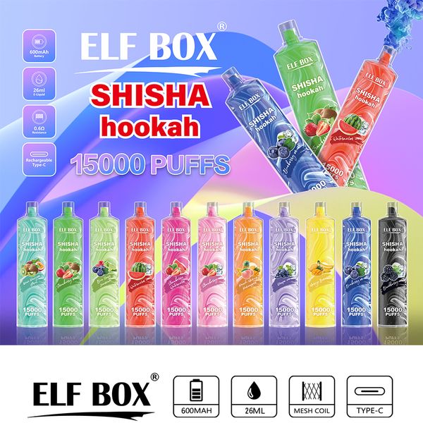 Original Elf Vapes Elf Box 15000bouffées Shisha Hookah Puff 15k Vapeur jetable Vape Pen Crystal Bar 15000 Puffs Vaper 0% 2% 5% Nicotine E Cigarette VS bang 15000
