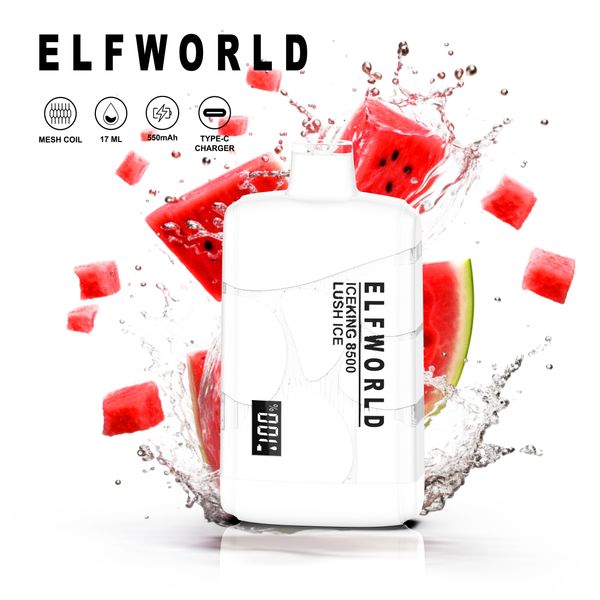 Original ELF WORLD ICEKING 8500 17 ml E cigarettes 550 mAh batterie rechargeable 8500 bouffées fraise pastèque myrtille glace jetable Vape