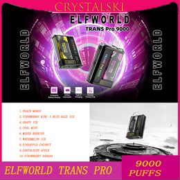 Original ELF WORLD TRANS PRO 9000 Puffs Cigarette électronique Vape Pen Jetables ELFWORLD Écran 15 ml avec batterie rechargeable 750 mAh Type 10 Saveurs disponibles