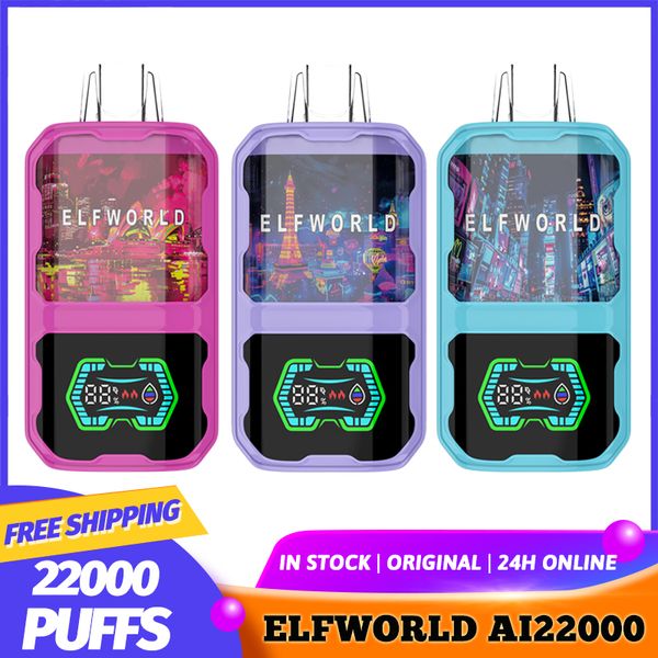 Original ELFWORLD AI22000 22000 bouffées 22K Puff grand écran d'affichage numérique cigarettes électroniques jetables 26ml préremplies 10 saveurs vaper Pod dispositif Vs BANG KING 18K 20K