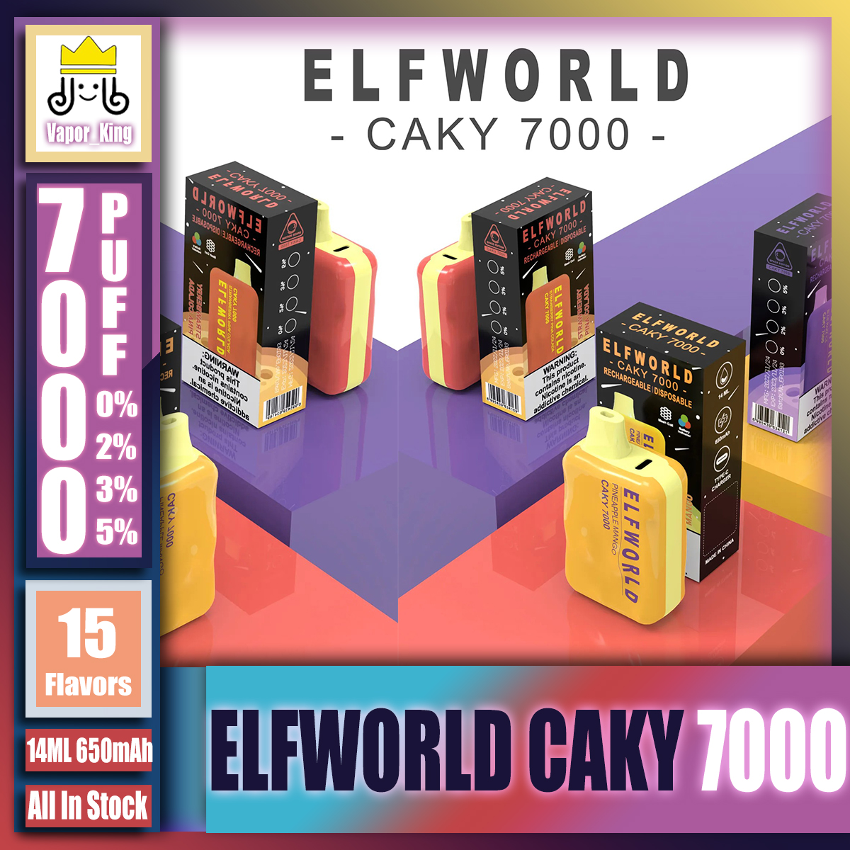 オリジナルのelfworld caky 7000パフ、14mlの事前充填タンク650mahバッテリータイプCメッシュコイル15のフレーバーを備えた14mlの14mlの14mlのタバコ蒸気ペン