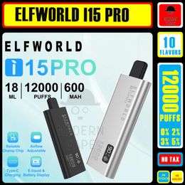 Originele ELFWORLD i15Pro 12000 trekjes Schermladingsdisplay Oplaadbare wegwerp-e-sigaretten Vape-pen 2% 5% mesh-spoel met 600 mAh batterij 18 ml 10 smaken op voorraad