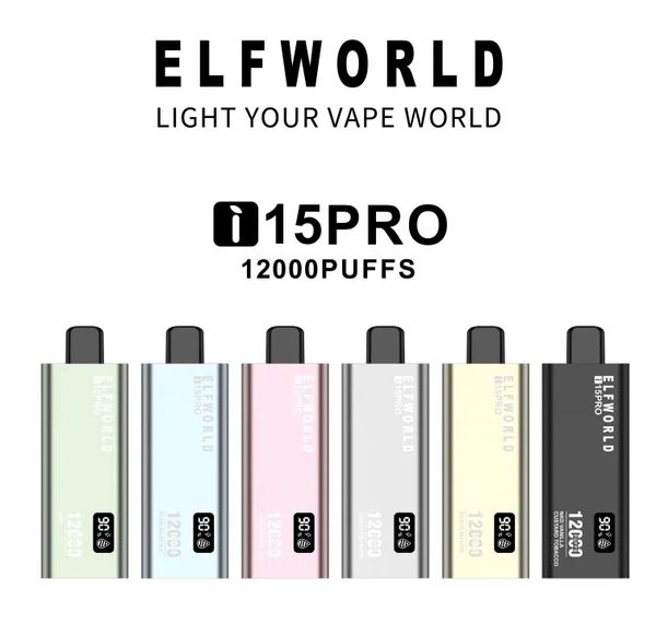 Bobine de maille d'origine Elfworld i15Pro 12000bouffées 10 saveurs Type-C Charge 18 ml Pod prérempli avec affichage de la batterie 600 mAh 10 saveurs 0% 2% 5% cigarettes électroniques jetables