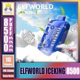 Original ELFWORLD ICEKING 8500 Puff 0/2/3/5% Pantalla de carga de cristal recargable desechable Dispositivos de cigarrillos electrónicos Vape Pen con batería de 550 mAh 17 ml Flujo de aire ajustable