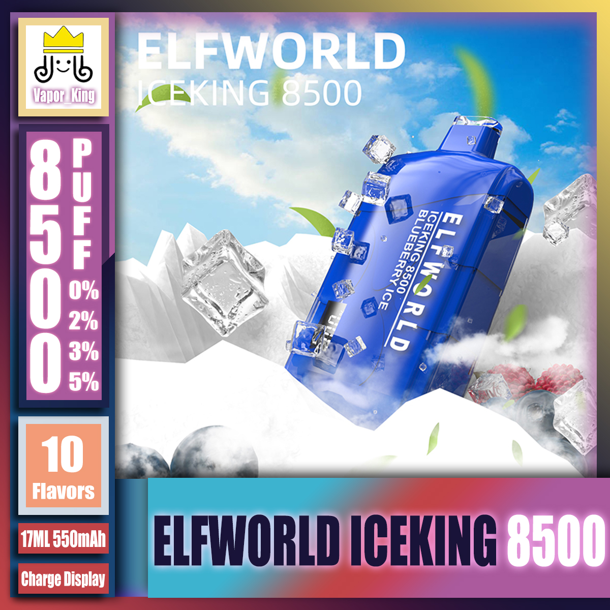 Original Elfworld IceKing 8500 Puff 0/2/3/5% engångsuppladdningsbar kristallladdningsdisplay E-cigaretter enheter Vape pennan med 550 mAh batteri 17 ml justerbart luftflöde