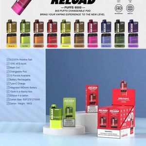 Originele ELFWORLD Reload 6000 Kit Rookwolken Wegwerp E-sigaretten Vape-pen 12 ml Pod 650 mah Oplaadbare batterij China Authentieke groothandel vapers desechables bladerdeeg 6K