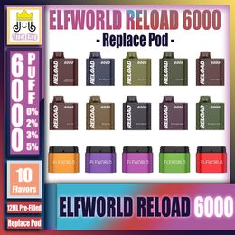 Original ELFWORLD RELOAD 6000 Remplacer Pod 6k Puff 0/2/3/5% Dispositifs de cigarettes électroniques rechargeables jetables Vape Pen avec batterie Type-C 650mAh 12 ml