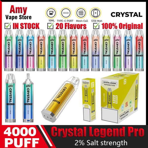 Original ETH Crystal Legend Pro Cigarettes E jetables 4000 Puff Mesh Coil Vape Pen 20 Saveurs 2% Vaporisateurs Puff 4K vaper 4Kpuffs En stock prêt à être expédié immédiatement