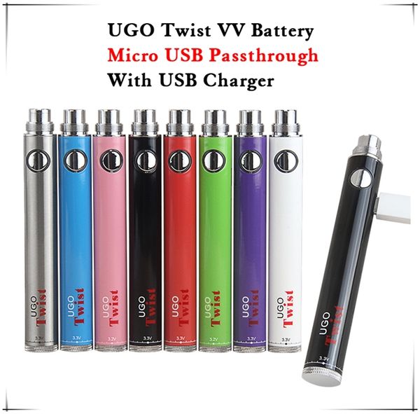 Original eVod Twist VV Tension variable 650 900mAh eGo C Twist Chargeur de stylo vape réglable UGO Spin Micro USB Passthrough Ecpow Vapor