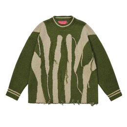 Pull en tricot rayé irrégulier à la mode Original col rond contraste gland tricots pour hommes Patchwork pulls tricotés
