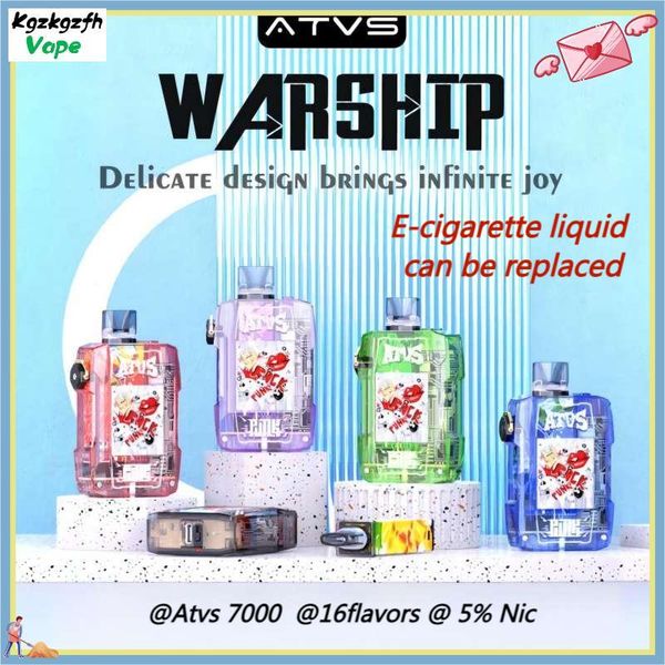 VATS officiels Original Warship 7000 Puffs Disposable Vape Smart écran Affichage Batterie Stick King Carburor Cartouches remplaçables