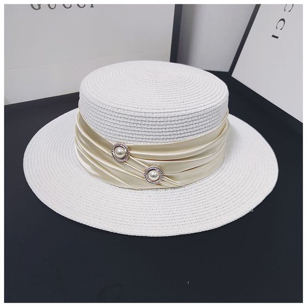 Original français chapeaux de paille blanche femme haut plat élégant chapeau bord de mer vacances perle parasol casquettes