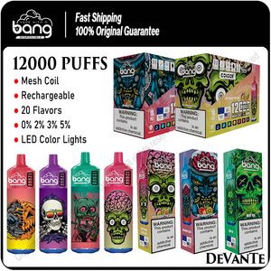 Original de Bang 12000 Puffs E Cigarettes Puff 12K Kit de barre de vape jetable Bobine de maille Lumières de couleur LED rechargeables 0% 2% 3% 5% 20 saveurs