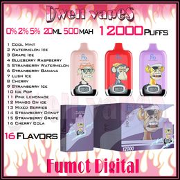 100% Original Fumot Digital 12000 Puff Descartável Vape12k Puffs E Cigarros Vaper 500mAh Bateria Recarregável Dispositivo 20ml Cartucho Pod Bar 0% 2% 5% Sabor Nível 16