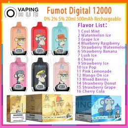 Original Fumot Digital 12000 Puff E Cigarettes Mesh Coil 20 ml Pod Puffs préremplis 12k 500mAh Batterie 16 Saveurs 0% 2% 5% Kit de stylo vape jetable