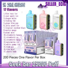 Original Geek Bar 15000 Puff jetable Vape Pen Mesh Bobine 16 ml Pod pré-rempli 650 mAh Batterie rechargeable E Cigarette 17 saveurs Livraison rapide 5% 15K Puffs Vape Pen