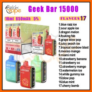 Original Geek Bar 15000 Puff Jetable Vape Pen Tech E Cigarettes 650mAh Batterie 17 Saveurs 5% Niveau 16ml Cartouche Pod VS 15000 Puffs Kits de Dispositif Stock