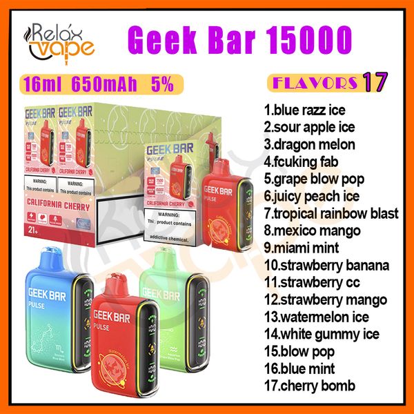 Original Geek Bar 15000 Puff Jetable Vape Pen Tech E Cigarettes 650mAh Batterie 17 Saveurs 5% Niveau 16ml Cartouche Pod VS 15000 Puffs Kits de Dispositif Stock