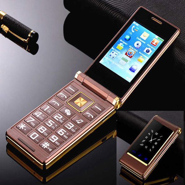 Téléphones portables d'origine à double affichage en or avec corps en métal Senior Luxury Dual Sim Card Camera MP3 MP4 Téléphone portable à écran tactile de 3,0 pouces