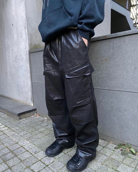 Pantalon Grailz original pour homme en cuir verni sans titre, jambe large, silhouette droite, plusieurs poches pour pantalon de travail décontracté, coupe ample