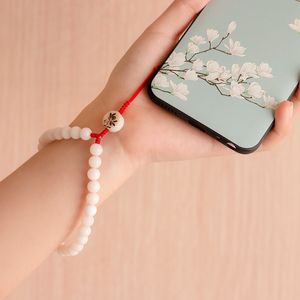 Originele hand-geweven witte jade bodhi mobiele telefoon ketting anti-verloren touw enkele ring mannen vrouwen hanger korte pols lanyard