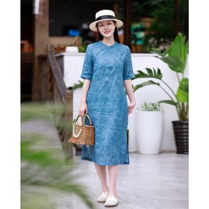 Original haut de gamme coton et lin femmes délicate ramie broderie nouveau style chinois amélioré cheongsam 24 été nouvelle robe femmes