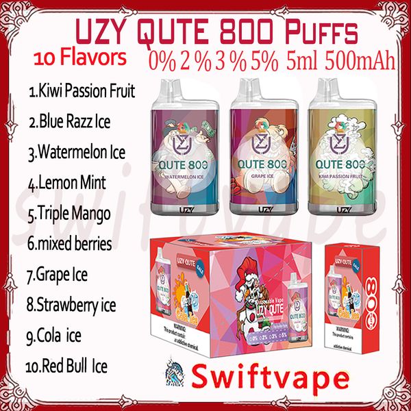 Original de alta calidad UZY QUTE 800 Puffs E Cigarrillo desechable 500mAh Batería 10 sabores 3ml 0% 2% 3% 5% 0.8k Puffs Vapes Pen Starter Kit Auténtico al por mayor Puff Plus 800