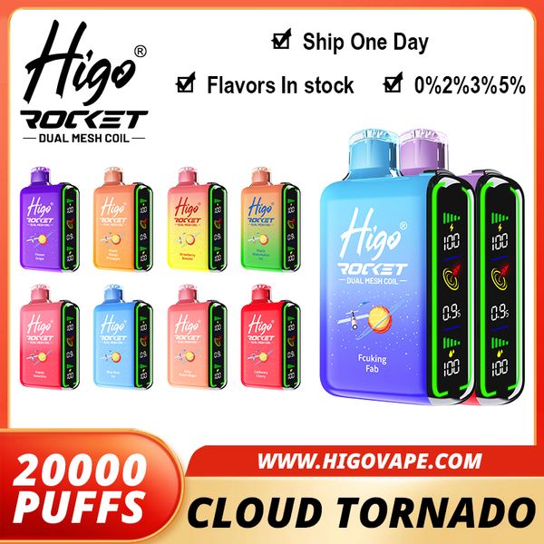 Higo Rocket 20000 Puff Dernichable E Cigarettes 0,6 ohm Mesh Bobine 28 ml Pod Batterie Rechargeable Cigs électronique Puff 20K 0% 2% 3% 5%