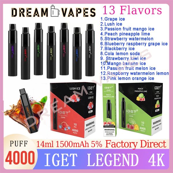 Original IGET LEGEND 4000 Puffs Cigarettes électroniques jetables 14 ml Kit de périphérique Pod Prérempli Pod 1500 mAh Batterie Kit de stylos Vape jetables