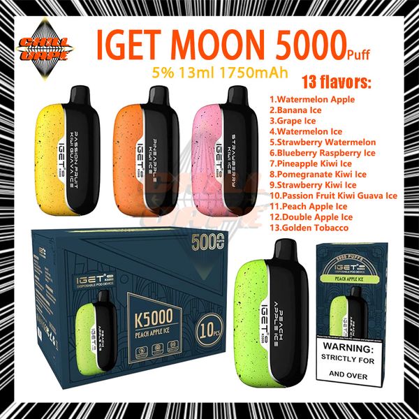 Original Iget Moon 5000 Puff jetables E cigarettes 13ml Pod batterie 1750mAh rechargeable 13 saveurs Puff 5K 5% force Vape jetable