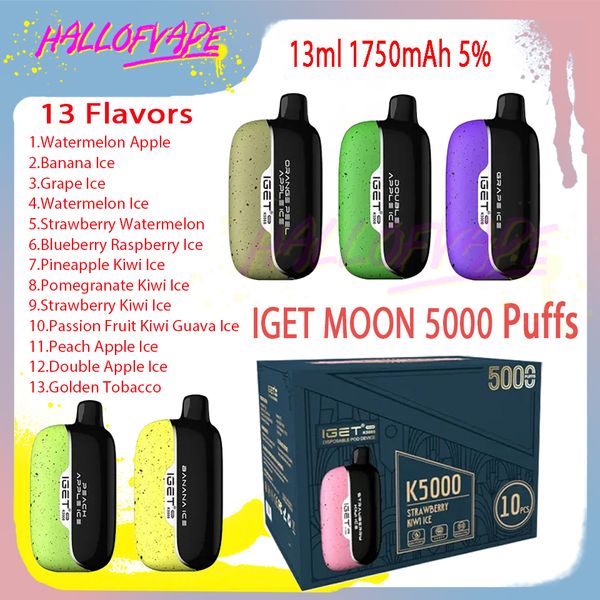 Stylo vape jetable original Iget Moon 5000 Puff 13ml 1,35 Ohm Bobine de maille 5% Niveau 1750mAh Batterie rechargeable 13 Saveurs E Cigarettes Puffs 5k