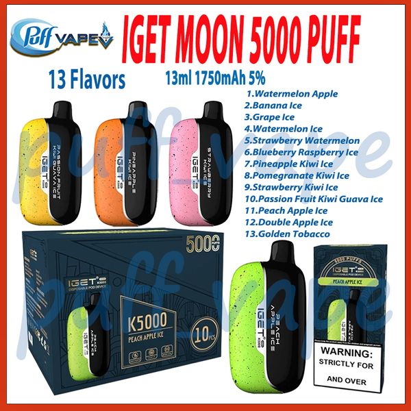 Original Iget Moon 5000 bouffée jetable Vape 13 ml bobine de maille 1750 mAh batterie rechargeable 0% 2 % 3 % 5 % niveau 13 saveurs kit de stylo Vape