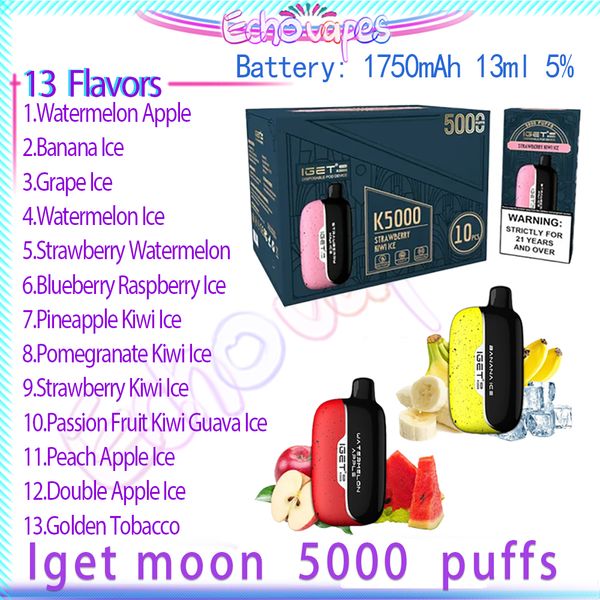 Original Iget Moon 5000 Puff Vapes jetables Pen 13ml Pod pré-rempli 1750mAh Batterie rechargeable E Cigarettes Puffs 5000 5% Force 13 Saveurs